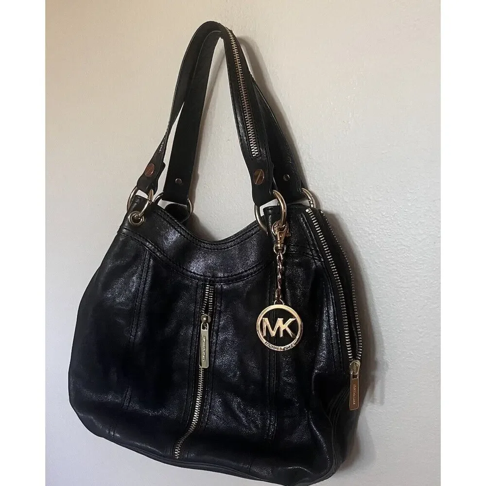 Michael Kors Moxley Black Leather Gold Zippers Details Shoulder Bag